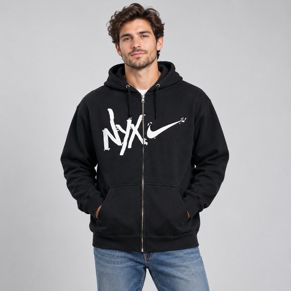 Nike NYC Men's XL Black Full Zip Hoodie White Swoosh Graphic Sweatshirt